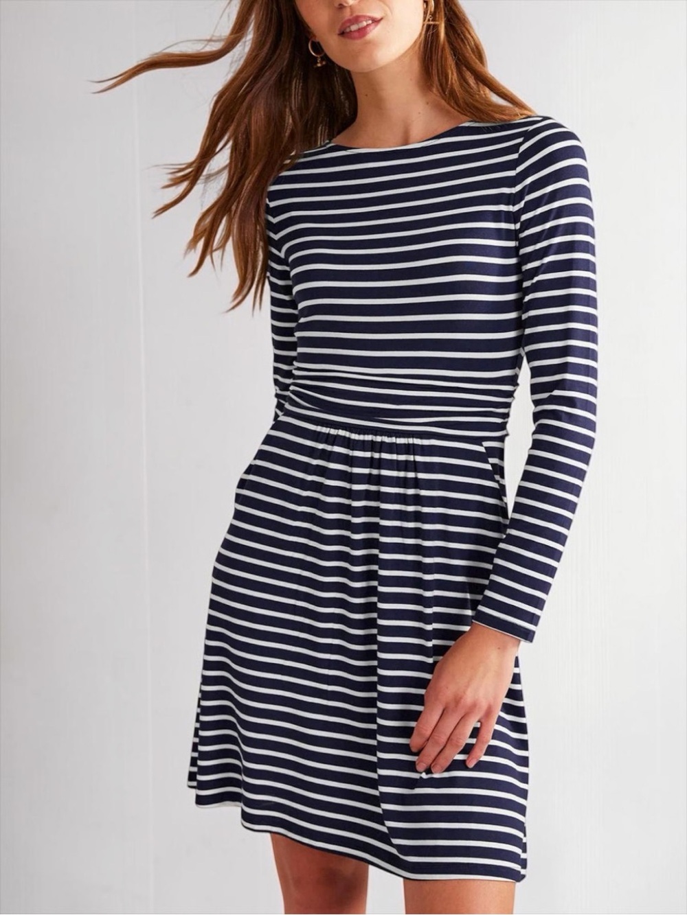 Boden Women’s Abigail Long Sleeve Crew Neck Jersey Navy/White Stripe Dress 6R